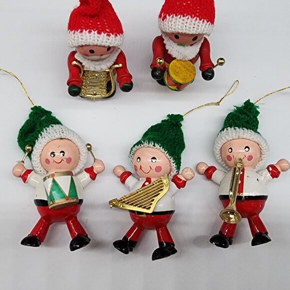 Vintage Wooden Christmas Ornaments Santa Musician Instruments Knit Hats - Picture 2 of 6